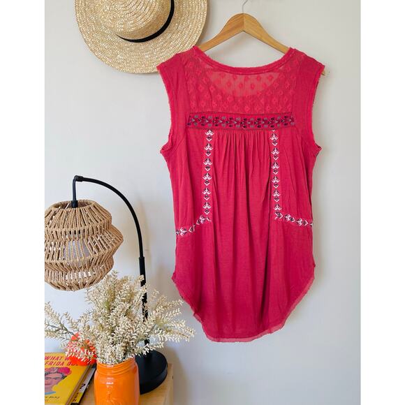 Free People Boho Top Linen Viscose embroidered Red Sleeveless Tunic - Picture 5 of 7